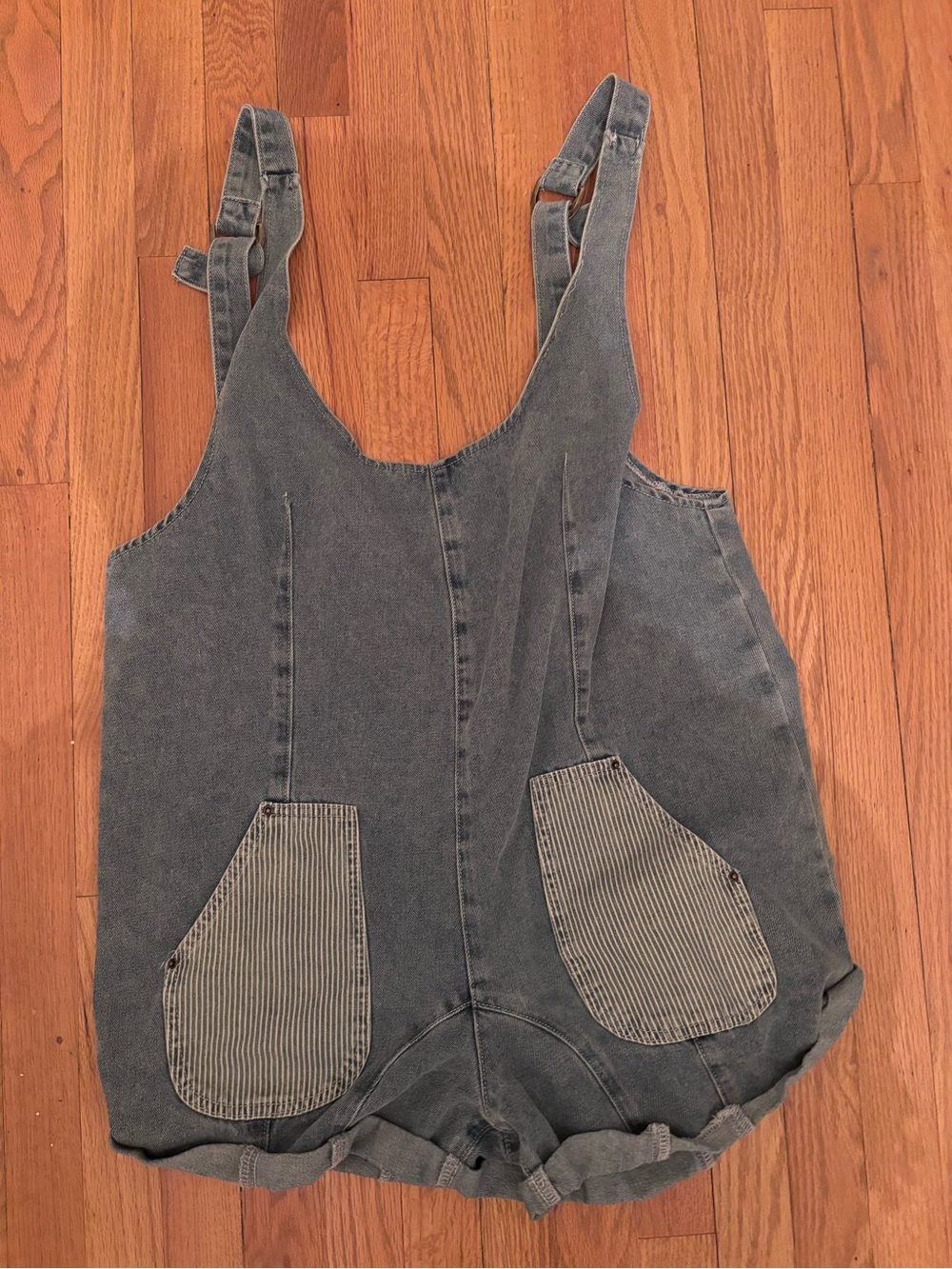 SHEIN Washed Blue Denim Short Overalls with Striped Pockets